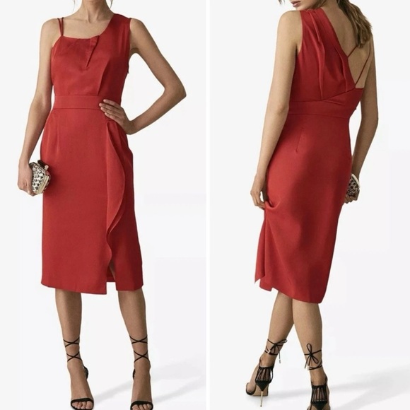 Reiss Dresses & Skirts - NWT REISS | Sara Ruffle Detail‎ Red Satin Pleated Midi Cocktail Dress Sz. 0